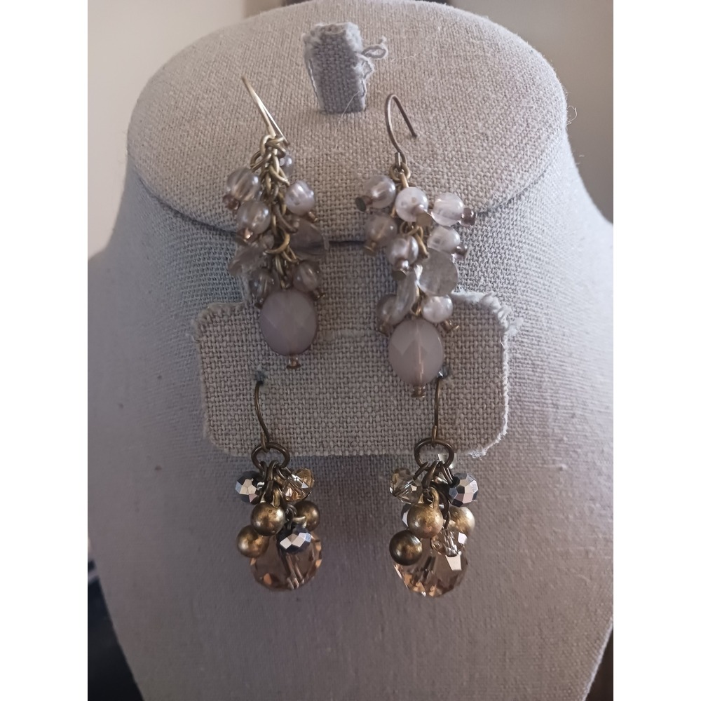 Boho Cluster Drop Earrings Set Faceted Glass Bead Antique Brass Tone Dangle